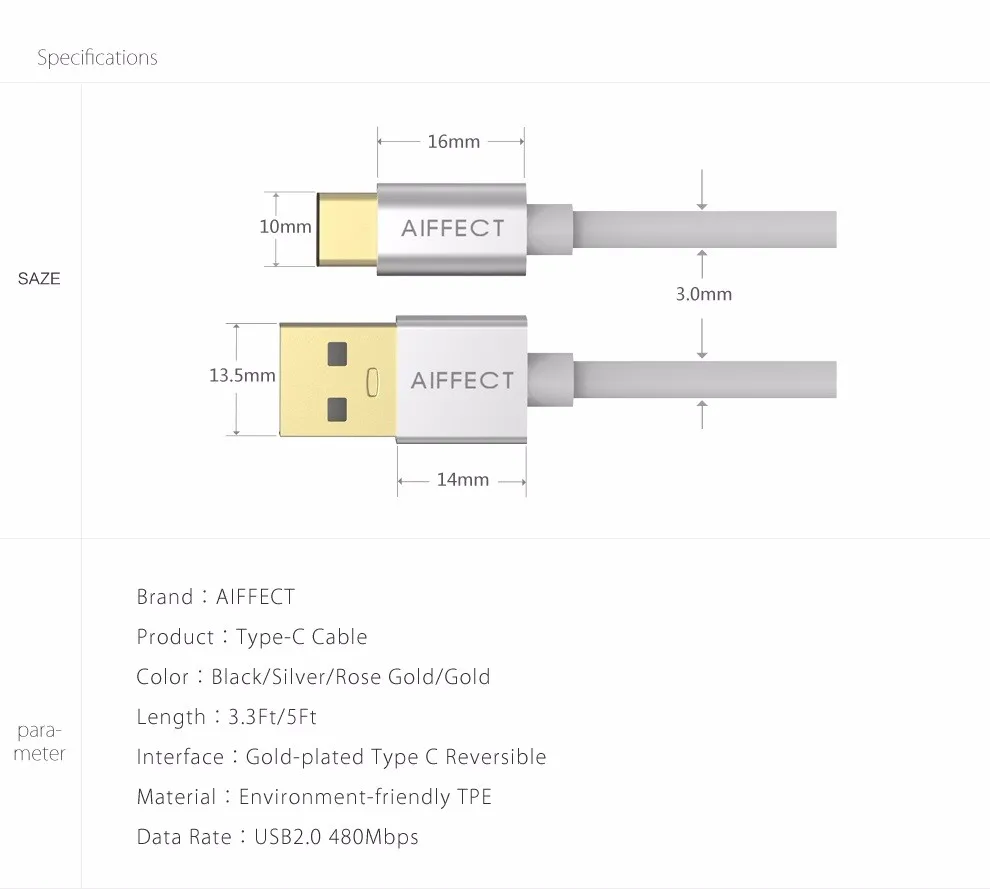Кабель AIFFECT type C USB-C на стандартный usb-кабель Typc-C на USB кабель для зарядки данных