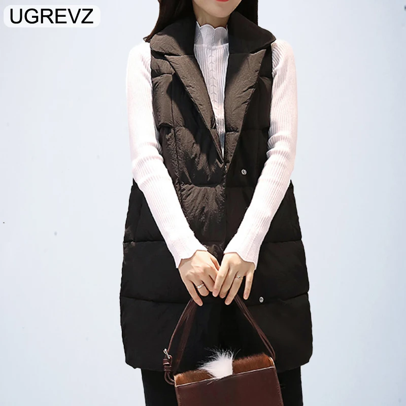 UGREVZ Black New Arrival 2018 Women Winter Vest Long Jacket Sleeveless Hooded Down Cotton Slim Waistcoat Warm | Женская одежда