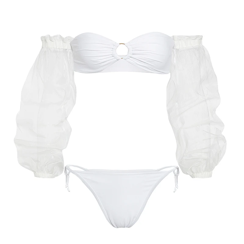 Женское бикини с длинным рукавом,, mujer bathers, сексуальный бандо, купальник для женщин, сетчатый купальник, женский прозрачный купальник, летнее бикини - Цвет: Белый