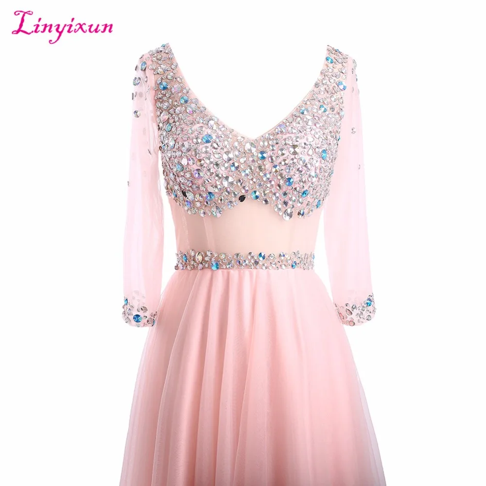 Linyixun реальные фото скромные платья для выпускного вечера с v-образным вырезом и