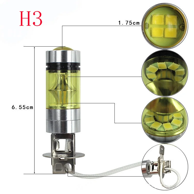 2 Pcs 100w H1 H3 20 SMD High Power Super Bright Golden Light Car LED high power fog lamp Running | Автомобили и мотоциклы
