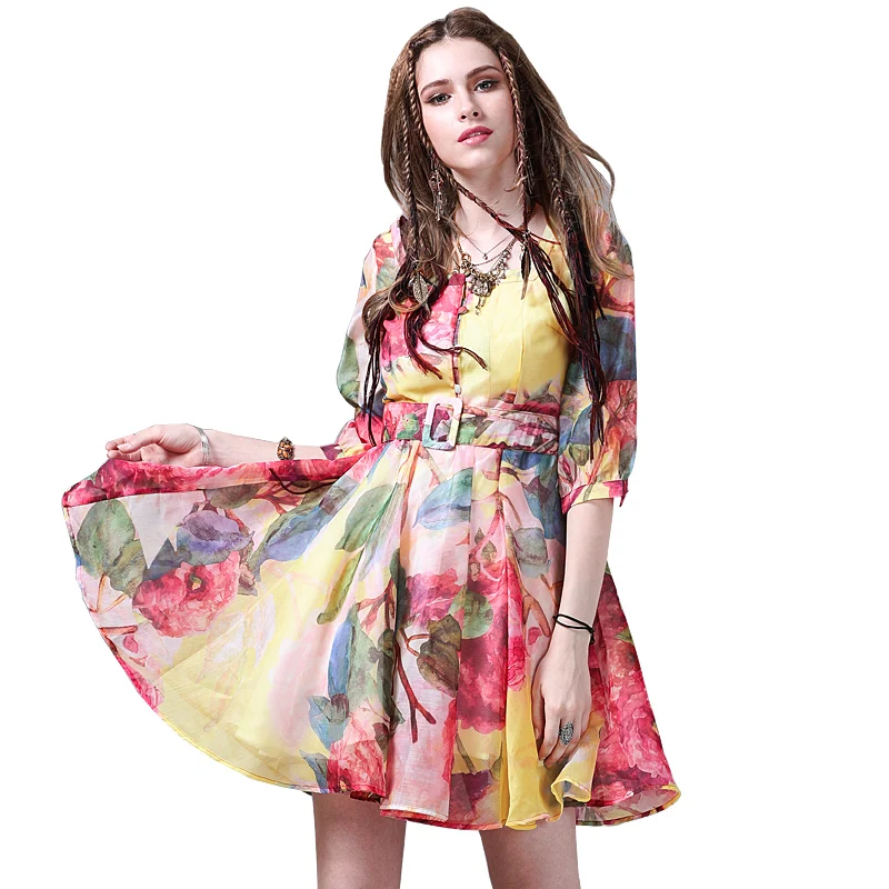Летнее платье 2018 Yuzi. мая Boho органза женские платья квадратный воротник с коротким