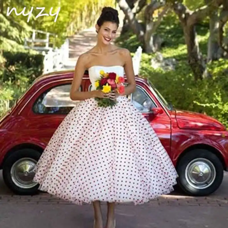 red and white Nyzy W1 красно-белые короткие Свадебное платье Винтаж 50-х 60-х без бретелек в горошек Пышное Бальное Платье Чай Длина; robe de Mariage - Цвет: red and white