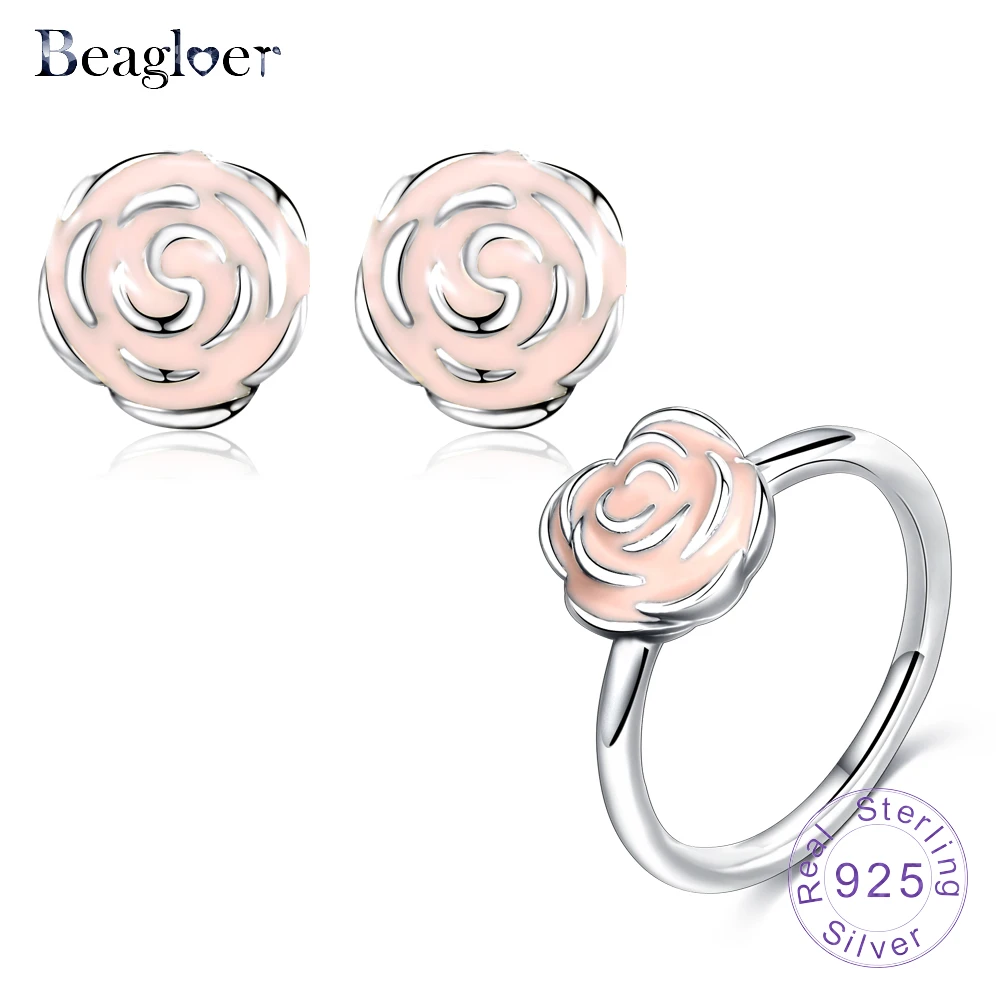 Beagloer 925 серебро розовый сад розовые серьги гвоздики с эмалью кольцо свадебный
