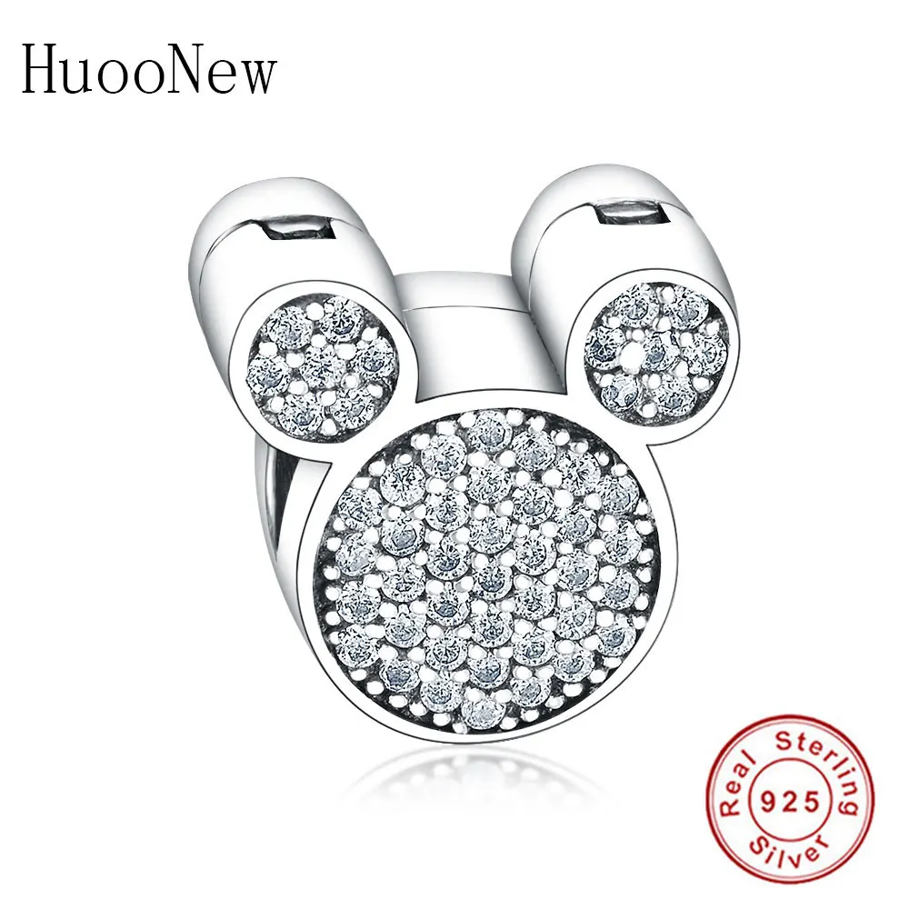 Mickey 2 clip charm Прозрачный розовый кристалл Микки лук Минни Клип Фиксатор бисера Подходит Pandora талисманы браслет 925 пробы серебряные ювелирные изделия Berloque - Цвет: Mickey 2 clip charm