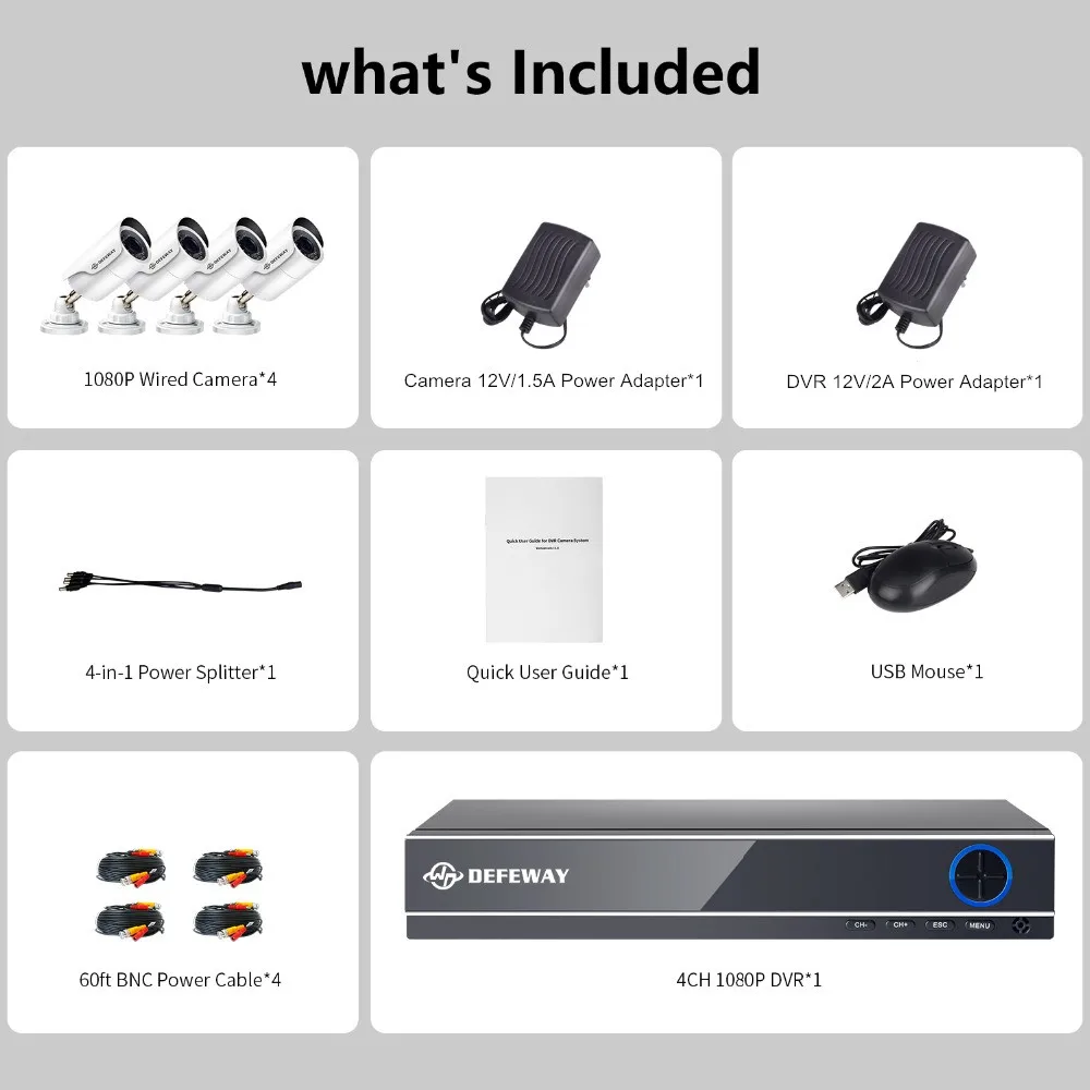 Система видеонаблюдения DEFEWAY 4CH 1080P DVR 4 шт. 2 МП инфракрасная камера