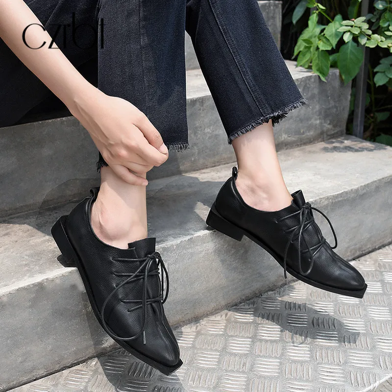 CZRBT Plus Size 34-42 Ladies Flat Shoes Genuine Leather Women Casual Lace Up Loafers Autumn Comfortable Brogue | Обувь