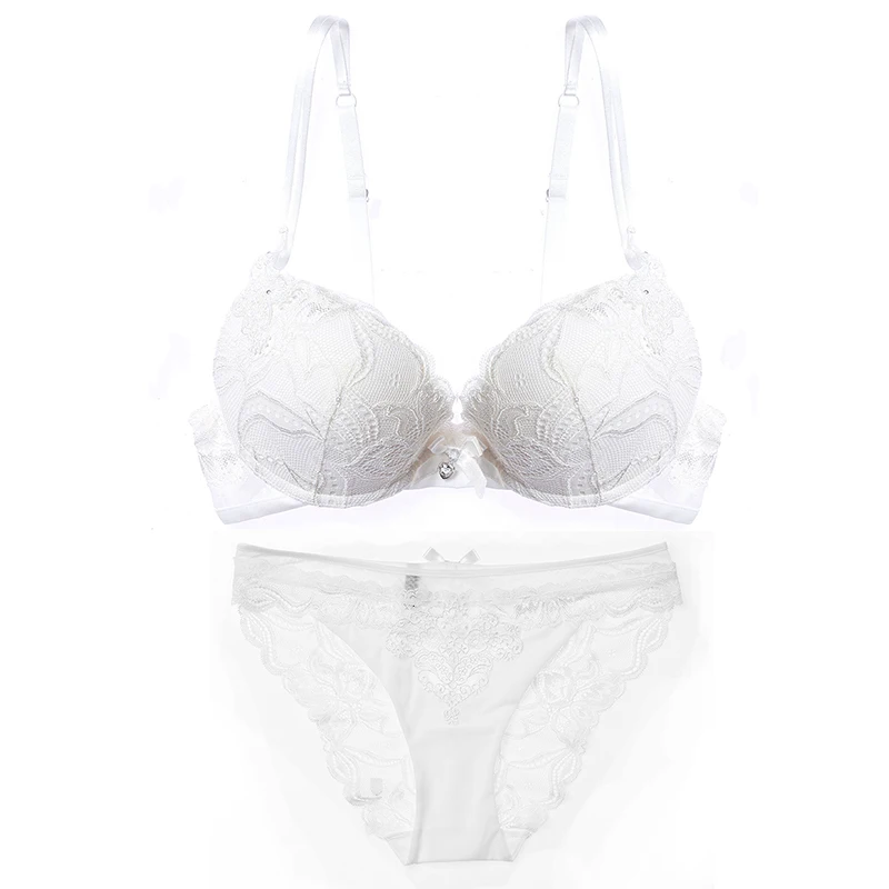 WHITE Set Lilymoda, сексуальный женский комплект нижнего белья с цветочной кружевной вышивкой, стразы, женское нижнее белье, бюстгальтер пуш-ап, комплекты Бесшовного нижнего белья - Color: WHITE Set