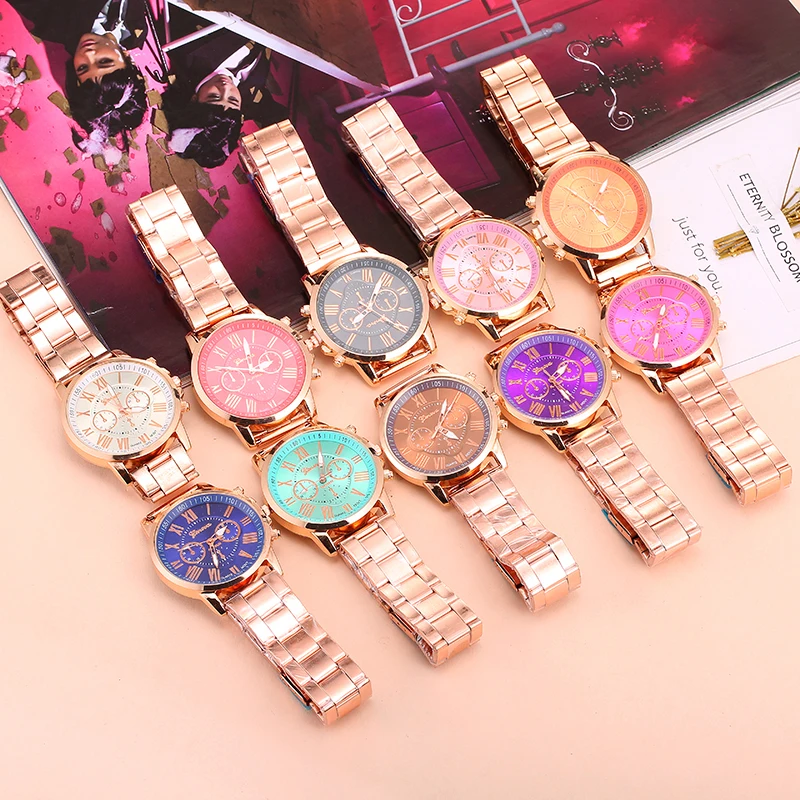 Новые женские часы Geneva Модные кварцевые из нержавеющей стали с циферблатом и