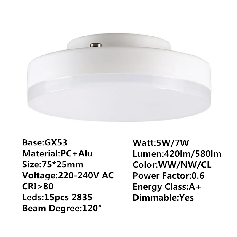 10 шт./лот GX53 светодиодные светильники 220 V-240 V AC/DC 110V AC 5W 7W светодиоидная лампа с регулируемой яркостью ПК алюминиевый корпус и крышка, высокое качество, Лидер продаж