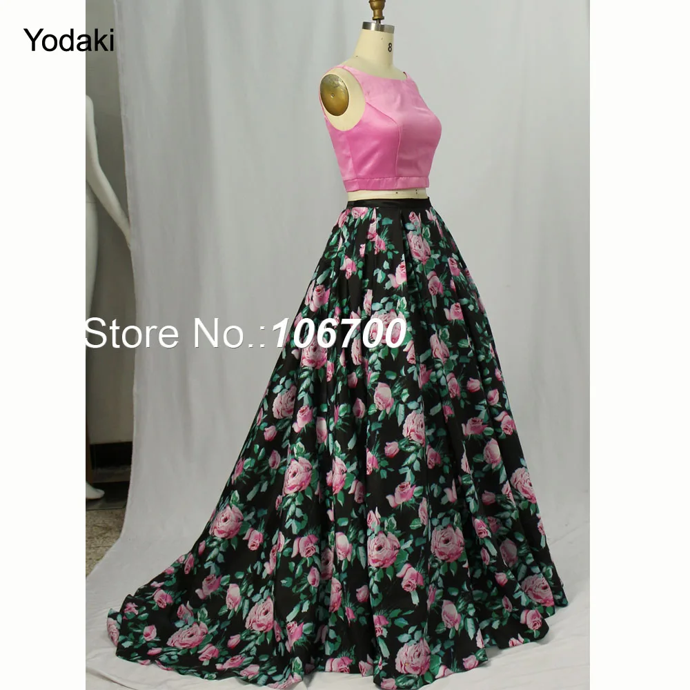 

Lovely Two Piece Printed Ballgown Evening Dresses Boat Neck Backless Yellow Pink Black Long Prom Gowns JB901A