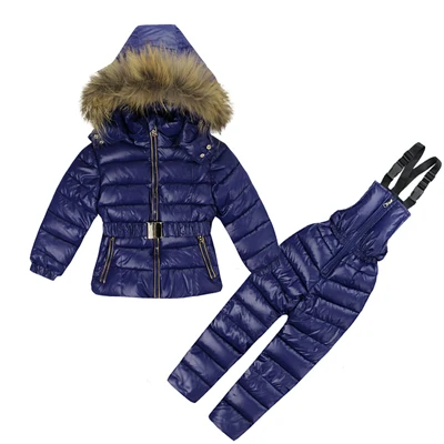 Dark Blue Комплекты одежды для девочек для русской зимы, боди-блузка из полиэстера, зимняя куртка+ комбинезон, комплект из 2 предметов, пальто, куртка с меховым капюшоном - Цвет: Dark Blue