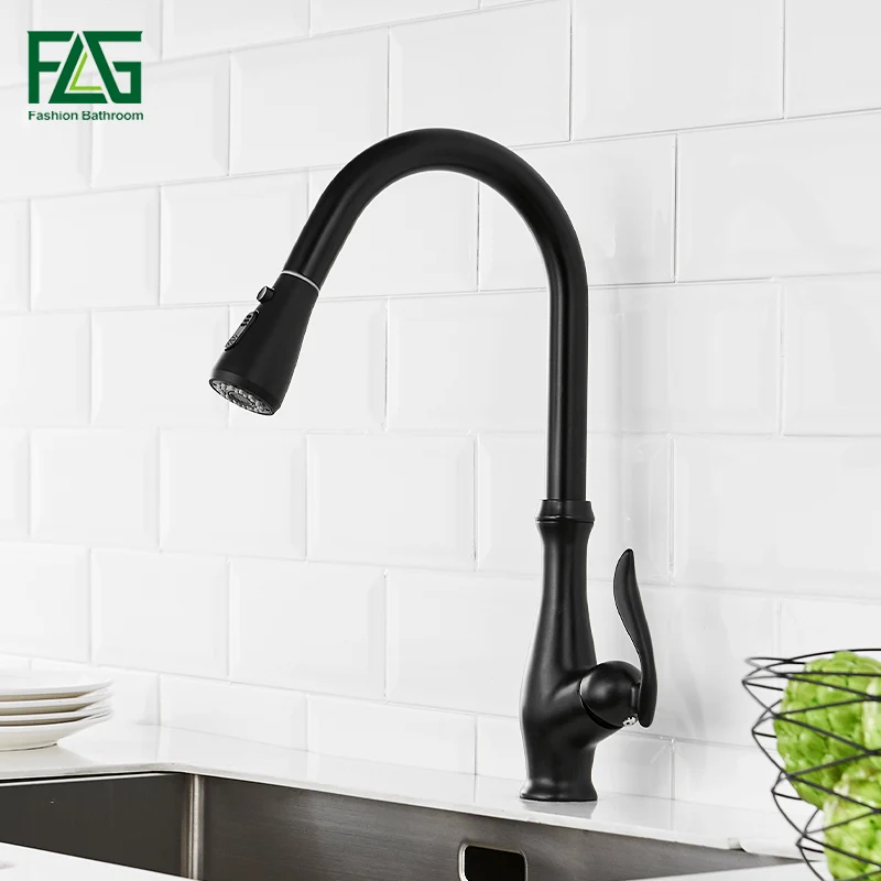 FLG Kitchen Faucets Pull Down Out Tap New Design Black High Quality Brass Sink Mixer Taps 1016-33B | Обустройство дома