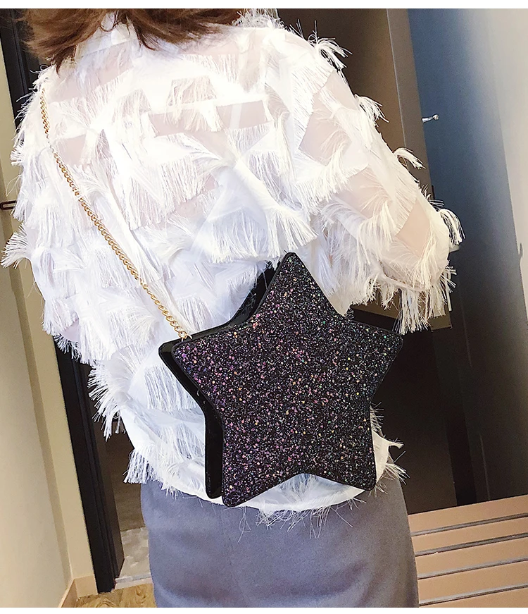 Sequins Stars Style Pu Leather Fashion Casual Ladies Chain Purse Shoulder Bag Tote Crossbody Mini Bag Female Bolsa Handbag Flap