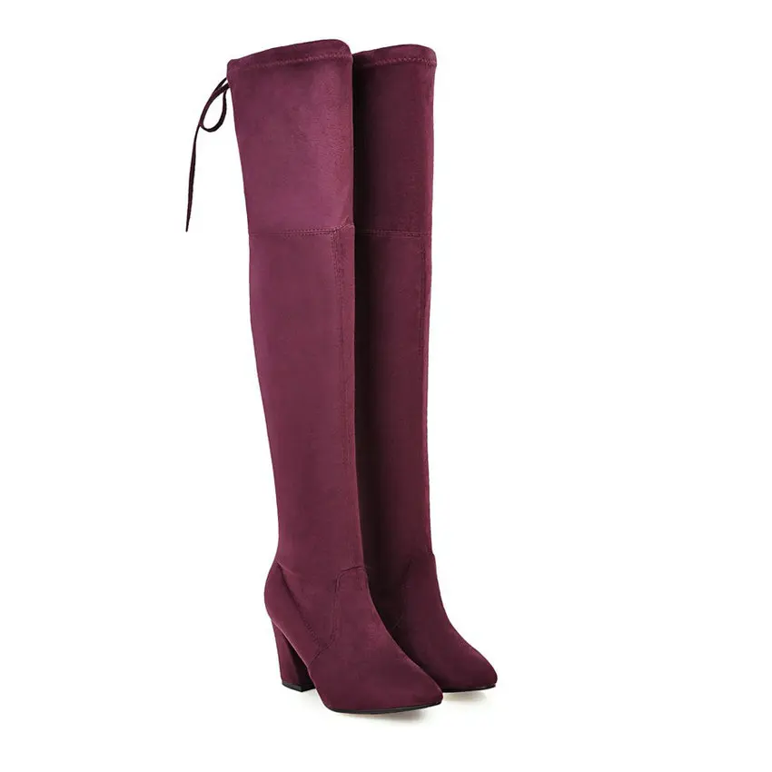 

MORAZORA Women boots high heels flock leather thigh high boots lace up stretch winter over the knee boots ladies long shoes