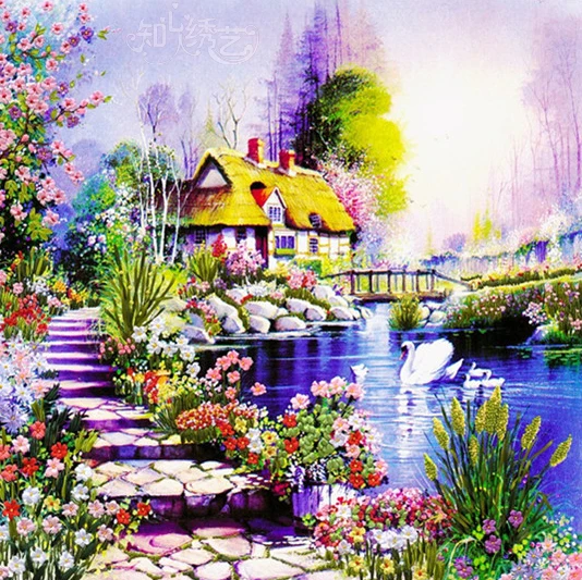 

Chinese Needlework,DIY Cross stitch Sets for Embroidery kit,Garden Lake Flowers landscape bands embroidery
