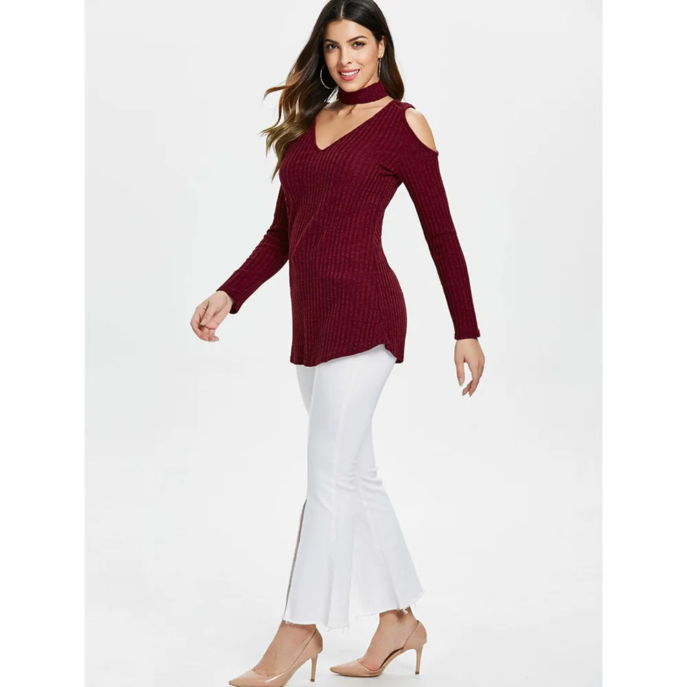 VESTLINDA Sweaters Fashion 2018 Women Cold Shoulder Long Sleeve Knitted Top With Choker Winter Clothes Jumper Pullover Femme | Женская