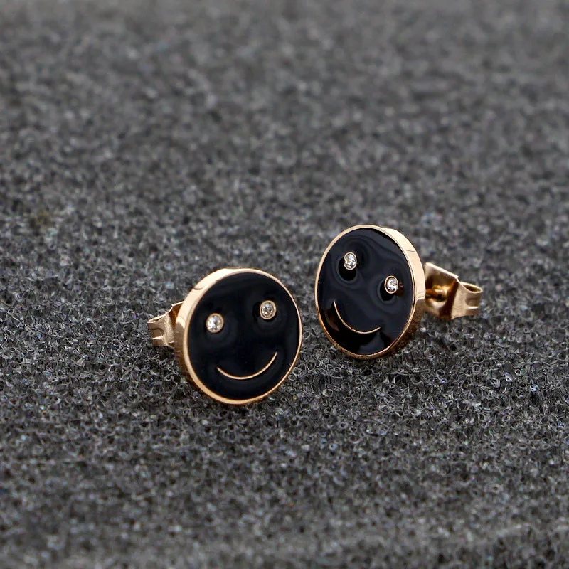 Женские серьги пусеты Martick круглые с смайликом черные/белые розового золота