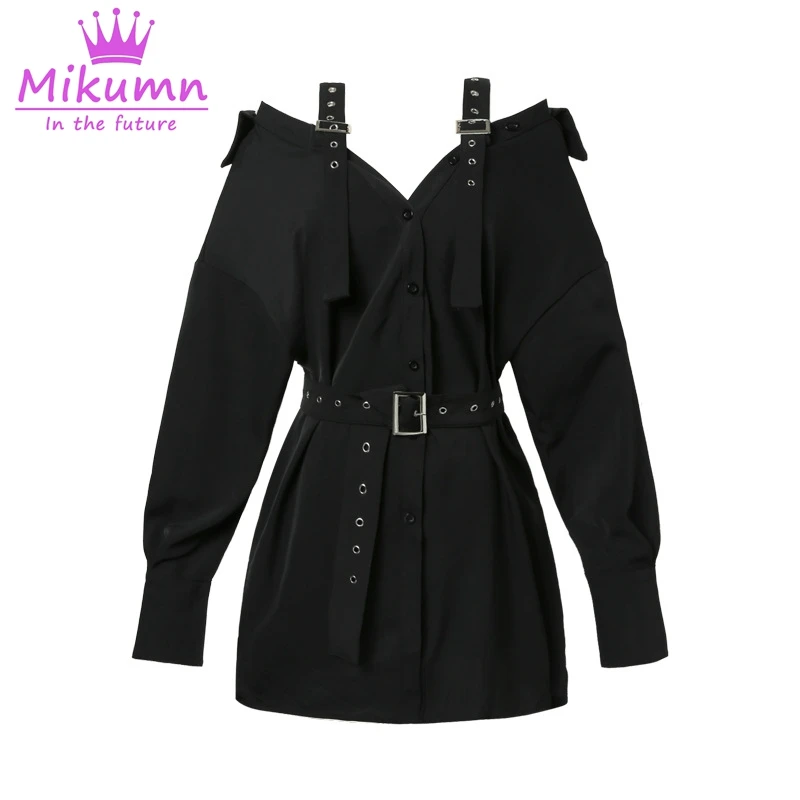 Mikumn, женское платье, Harajuku, готические, черные платья, корейский стиль, модные, прямые, с поясом, на пуговицах, повседневные, простые, в стиле панк, женские сексуальные платья