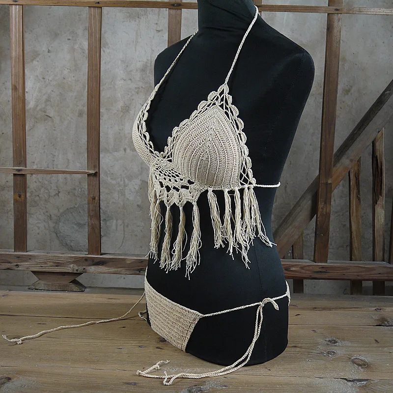 Черно-белое вязаное крючком бикини 2017 укороченный топ купальник для женщин