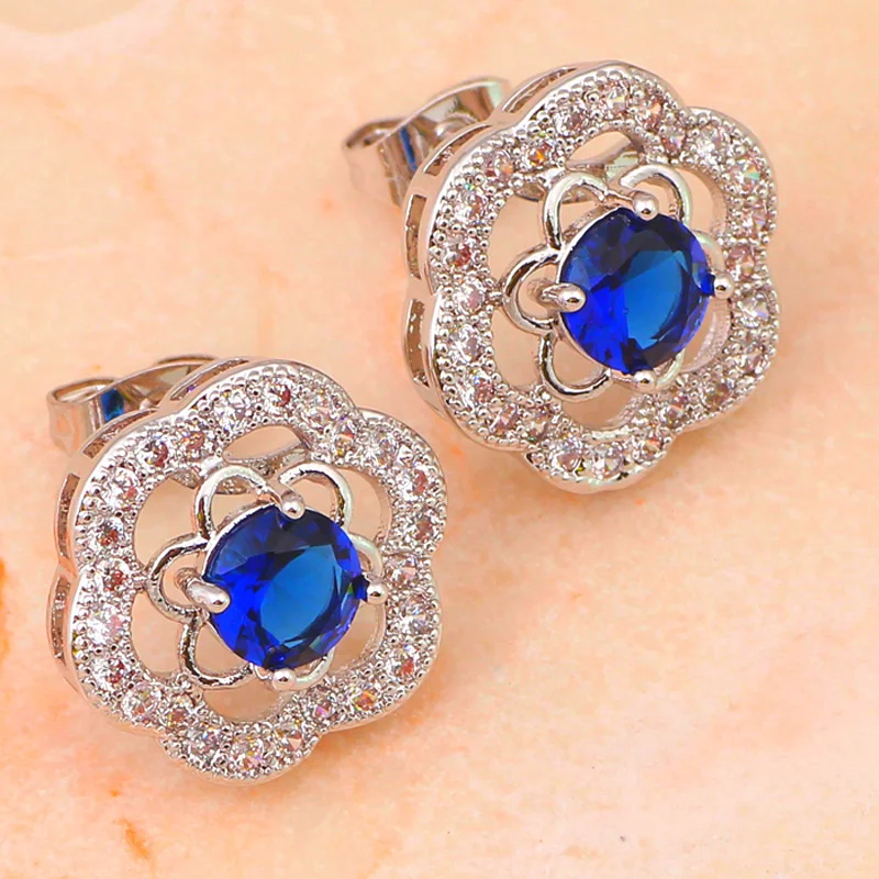 Top quality Blue flower Zircon Silver Fashion jewelry AAA zircon Jewelry Sets Earrings Necklace rings sz #7 #8 #9 JS554 | Украшения и