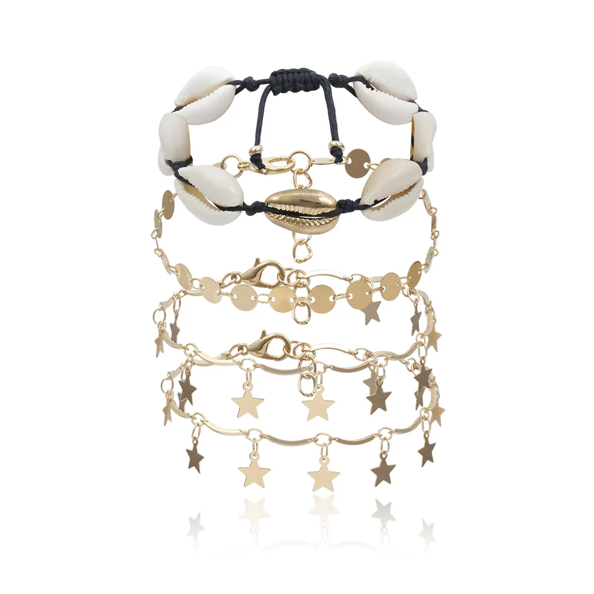 4pcs/set shell Star Vintage Antique Gold Color Anklet Women shell sequins Beads Geometric Bracelet Charm Ankle Boho Foot Jewelry