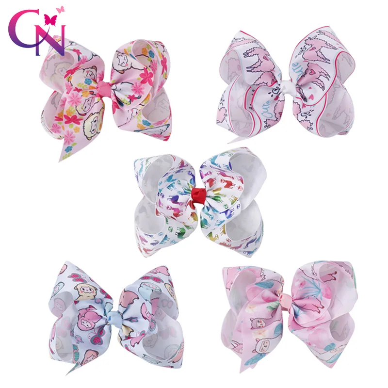 

5 Colors 10 Pcs Large Cartoon Alpaca Hair Bows With Clips For Girls Kids Cute Sheep Rainbow Printed Knot Bow Hair Accessories