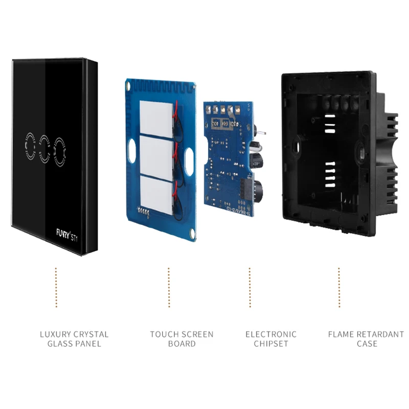 Funry ST1 3Gang UK Standard Smart Switch Remote Control/Touch Wall Lamp Panel Surface Waterproof Crystal Tempered Glass 170-240V |