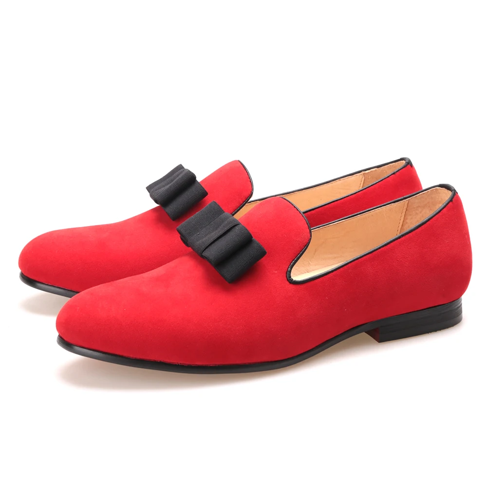 Красные и черные мужские бархатные туфли ручной работы с бантиком лоферы на