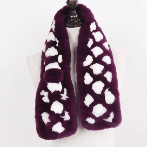 dark purple white Вязаный Настоящий мех кролика шарф женский зимний натуральный кролик рекс брелок с мехом муфельные женские шарфы из натурального меха шаль - Цвет: dark purple white
