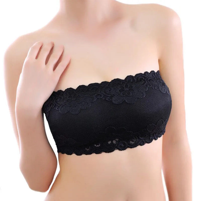 

New Arrival 5 Colors Solid Women Tube Tops High Quality Lace Floral Girls Full Cup Strapless Wire Free Wrapped Chest Female Bras