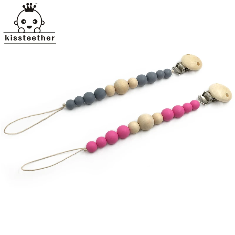 Mordedor de silicona para beb&eacute;, chupete de madera, Clip para chupete para reci&eacute;n nacido, cuentas para masticar, juguete Natural para la dentici&oacute;n del beb&eacute;-2