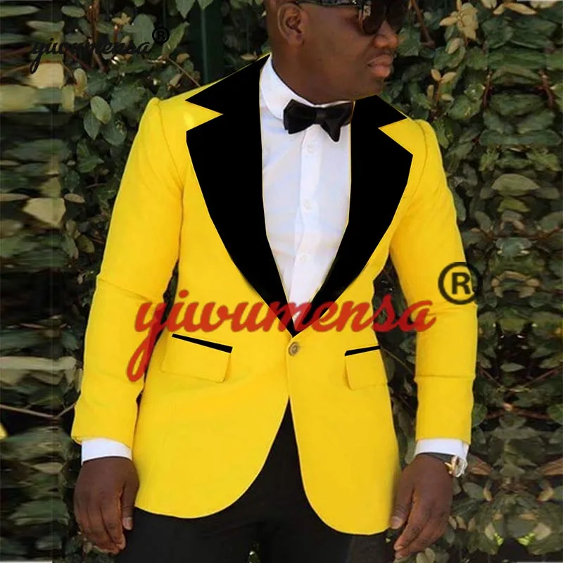 

Wedding Suit For Men 2021 New Fashion Custom Made Slim Fit Yellow Jacket Black Pant Formal Tuxedo Groom Suit Terno Masculino