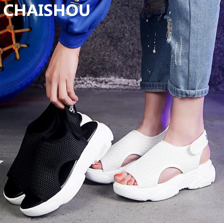 Женские сандалии с открытым носком CHAISHOU черные спортивные из сетчатой ткани