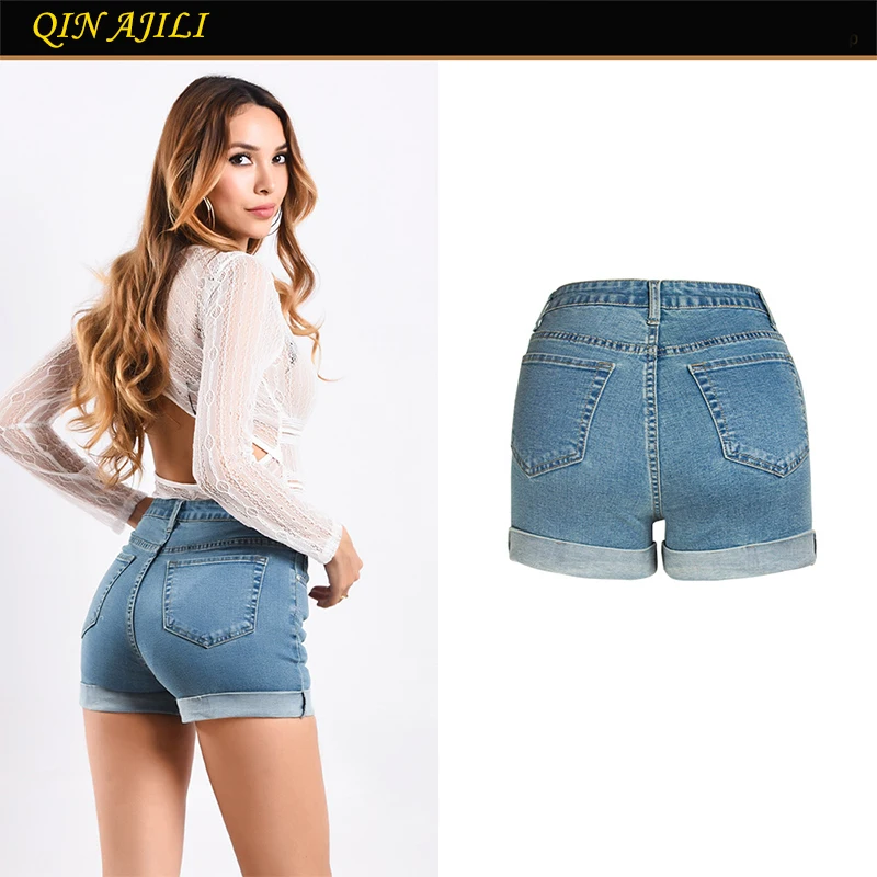 QIN AJILI Women 's Jeans Short Casual Straight Denim Cuffs Mujer Trousers Cotton Bleached For Woman Lady DIY Shorts Jean |