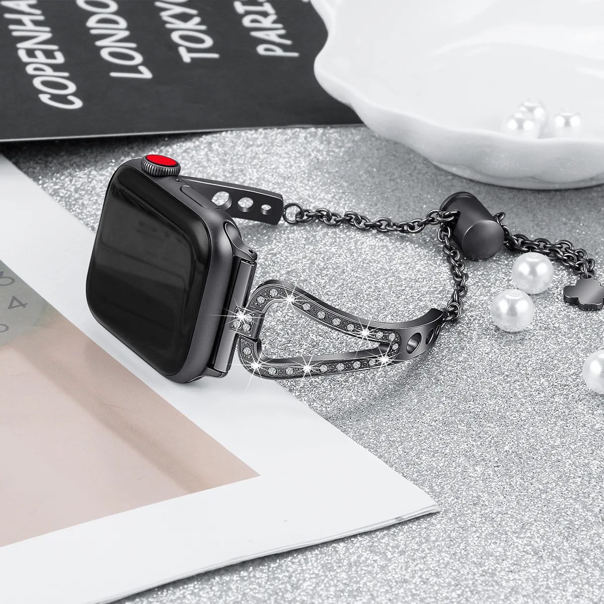Со стразами Блестящий металлический ремешок для наручных часов Apple Watch, ремешок 42 мм, 38 мм, 40 мм 44 Series 5 4 Нержавеющая сталь браслет для наручных часов iWatch, ремешок, версия 1, 2, 3, ремешок