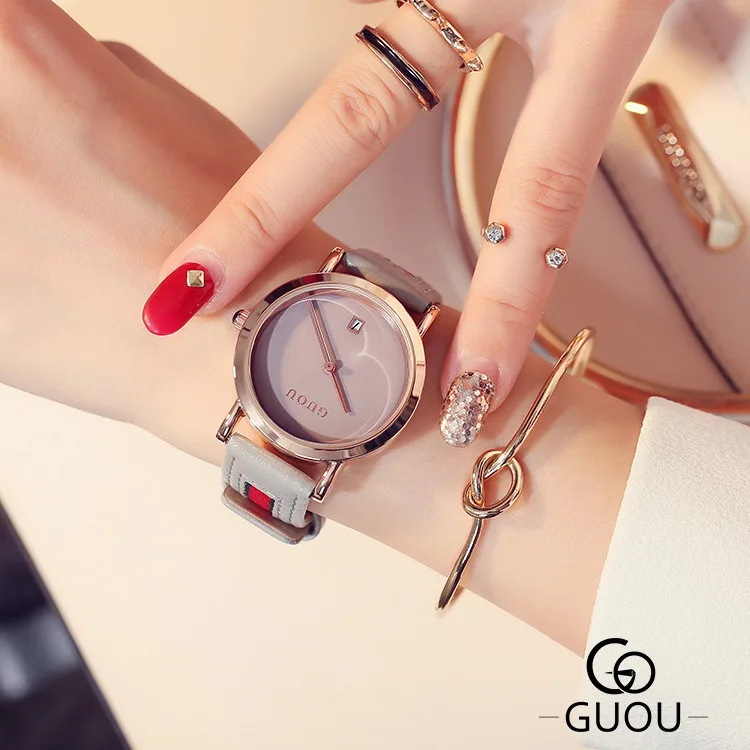 Женские Часы GUOU модные классические с кожаным календарем розовое золото |