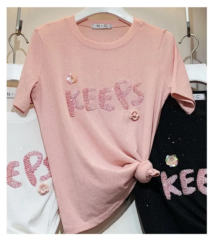 

New version of INS superheated jacket with sequins nailed beads KEEPS letter student T shirt and bright silk shirt