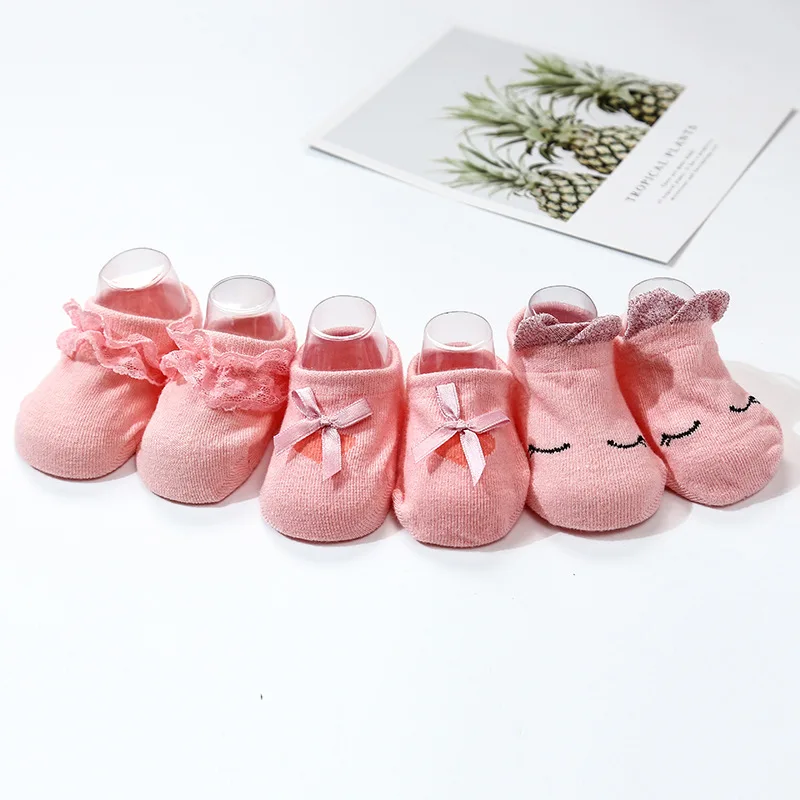 AiKway-Calcetines de algod&oacute;n para beb&eacute; y ni&ntilde;a, medias de encaje con lazo de dibujos animados, antideslizantes, 3 par/lote-3
