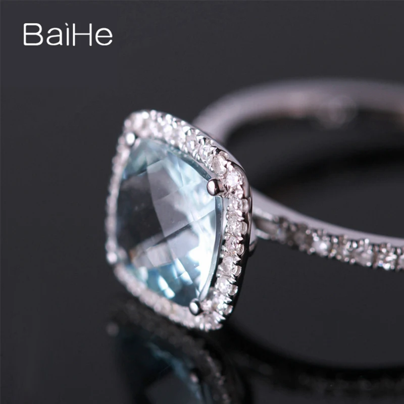 BAIHE Solid 14K белое золото около 1.2ct сертифицированная Подушка CUT Натуральный аквамарин свадебные женские ювелирные изделия уникальный подарок кольцо