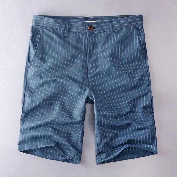 striped blue Новинка, мужские льняные шорты в полоску, летние свободные повседневные пляжные шорты, мужские шорты в синюю полоску, модная мужская одежда, бермуды, 38 - Цвет: striped blue