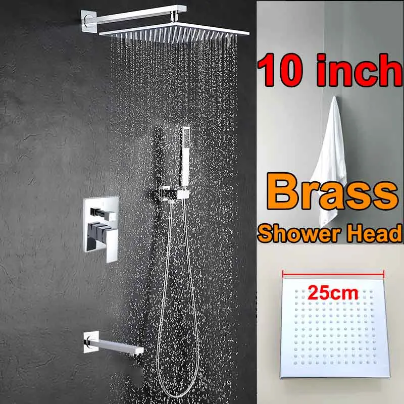 10 inch Brass Head Настенный светодиодный Светодиодный душевой набор, смесители, квадратная хромированная насадка для душа, кран с ручным распылителем для душа, смеситель - Цвет: 10 inch Brass Head