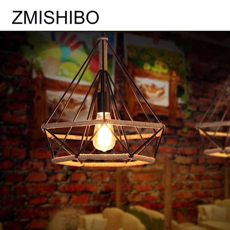 ZMISHIBO железные подвесные светильники Алмазная форма пеньковая веревка абажур E27