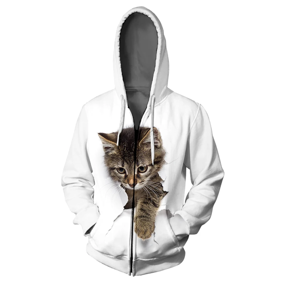 Толстовка на молнии с капюшоном WAMNI Kawaii Cat в стиле хип-хоп с цветным принтом, Женская толстовка с 3D капюшоном в стиле Харадзюку, зимняя теплая толстовка на молнии