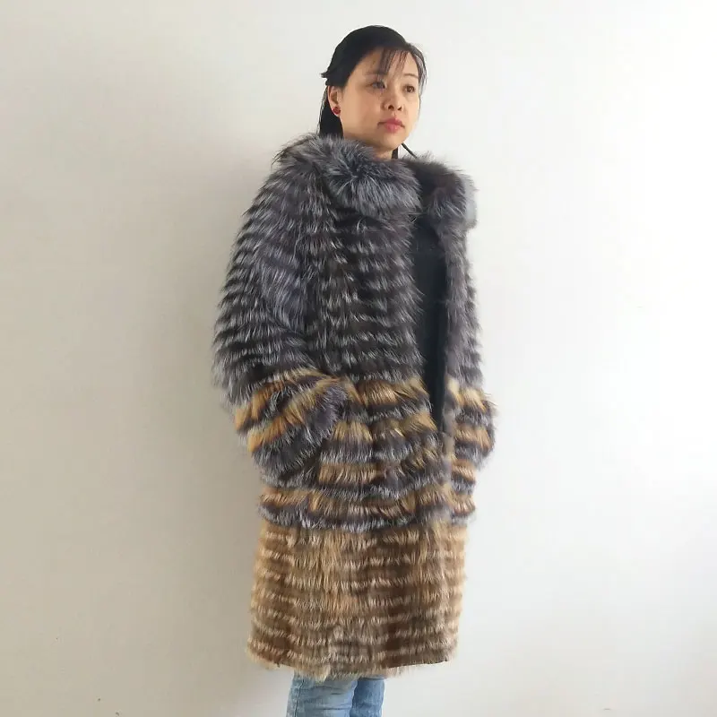 natural color Женское пальто из натурального меха, Полосатое пальто из настоящего меха, пальто из Чернобурка, теплая зимняя верхняя одежда, легкий теплый мех QD.YISHANG - Цвет: natural color