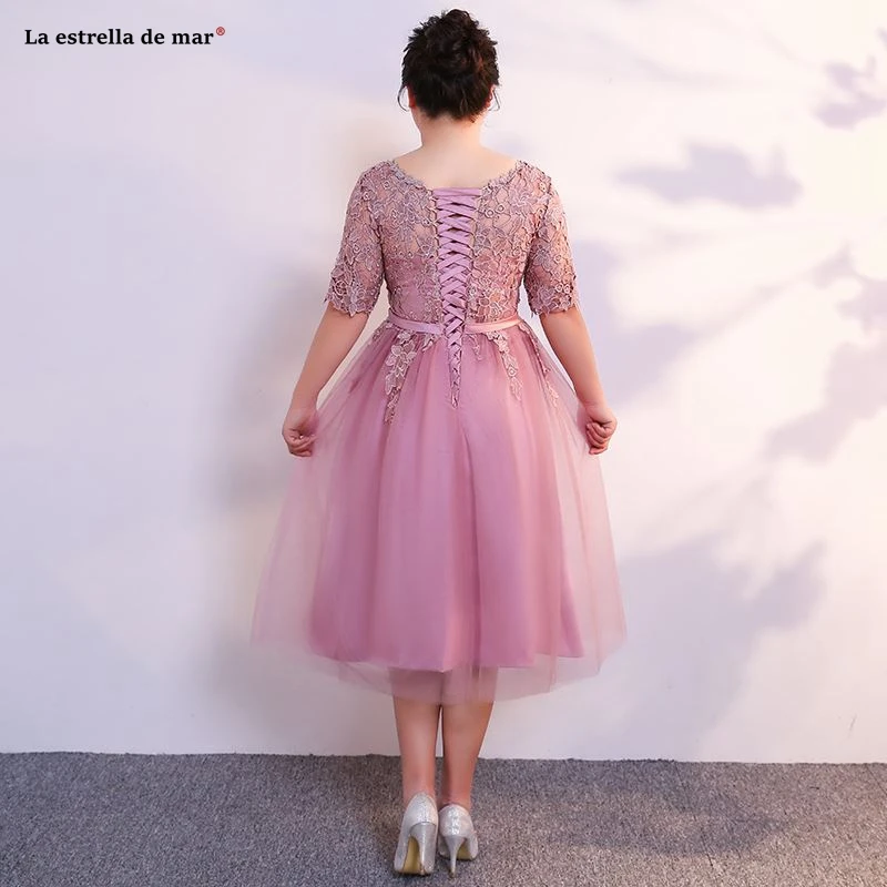 Большие размеры vestidos de madrinha, новинка, из кружева, с вырезом на шее, с коротким рукавом, трапециевидной формы, бирюзового, синего, румяна, розового цвета, свадебное платье для гостей, длина чая
