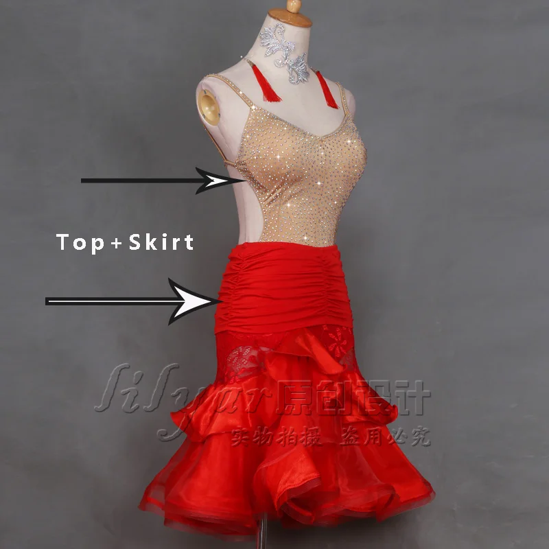 2pcs Suit Костюмы для латинских танцев для женщин, 2 шт, сексуальные Стразы, топ+ красная кружевная юбка, Falda Flecos, сценическое платье для латинских танцев VDB155 - Цвет: 2pcs Suit