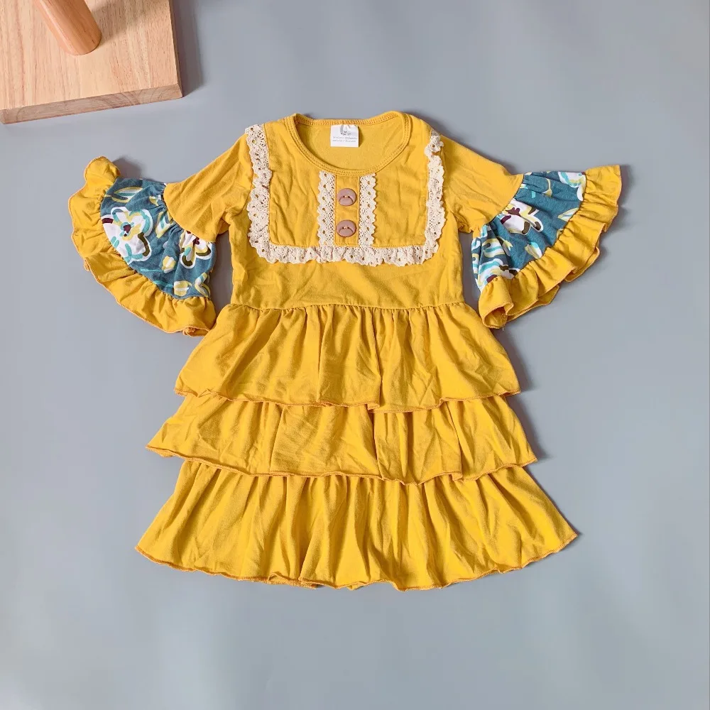 2018 New Mustard yellow dress Girl's Pockets regular clothing A popular dresses for kids cotton ruffled baby girl frocks | Детская