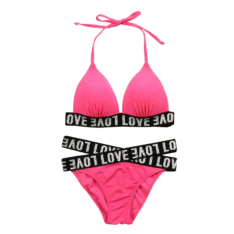 Sexy Pink Alphabet Cross Bikini 2017 Bandage Brazilian Swimsuit Women Padded Swimwear Set Wrap Top Bathing Suits Biquini |