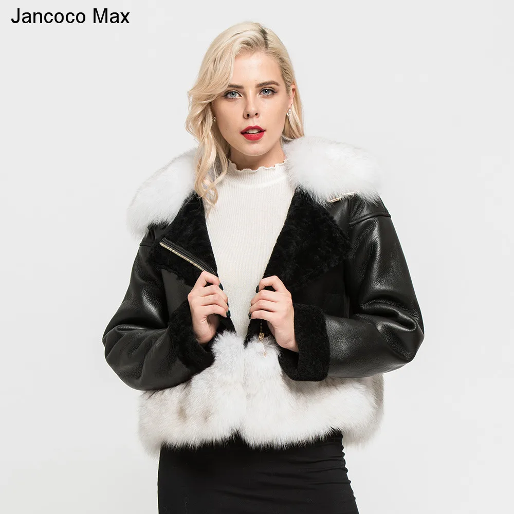 Jancoco Max Новое поступление Женская куртка из натуральной овечьей кожи пальто с воротником из лисьего меха Подкладка из натурального меха модное пальто S7165